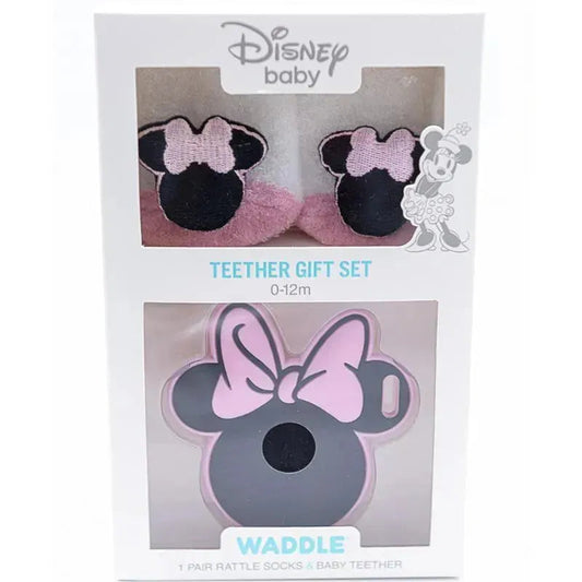 Waddle Minnie Mouse Baby Rattle Socks & Silli Chew Teether Set