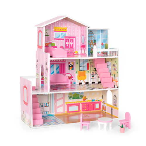 Kaba Kids Wooden Dollhouse with Furniture, Doll House Playset for Kids