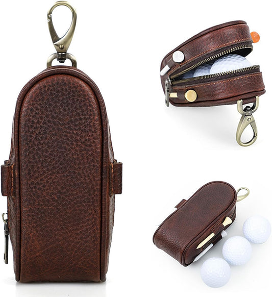 Top Grain Genuine Leather Golf Ball Pouch Holder, Vintage Design, Handmade No Logo, Portable and Holds Up to 3 Balls & 4 Tees, Golf Accessory Gift for Man & Woman