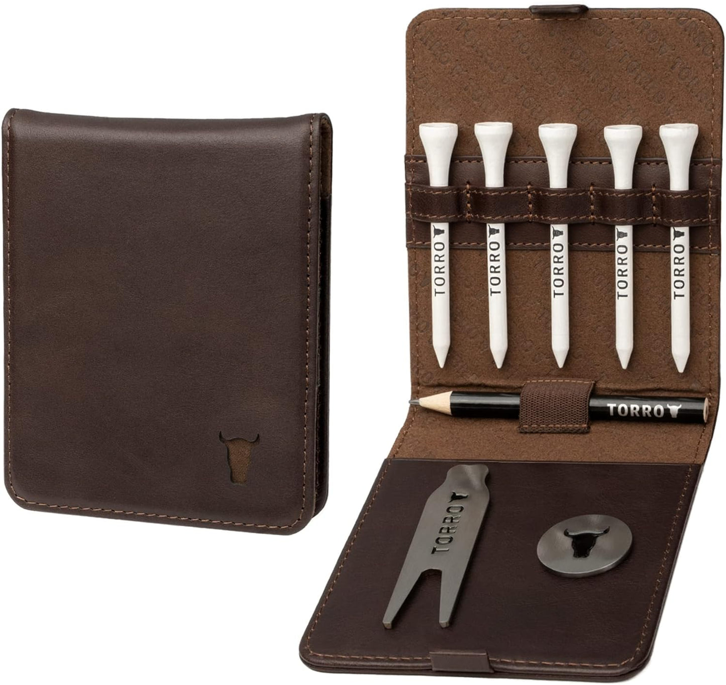 TORRO Golf Accessory Set – Genuine Leather Golf Accessories Wallet, Including Brushed Metal Divot Repair Tool & Ball Marker, 5 x 70mm Bamboo Golf Tees and Pencil