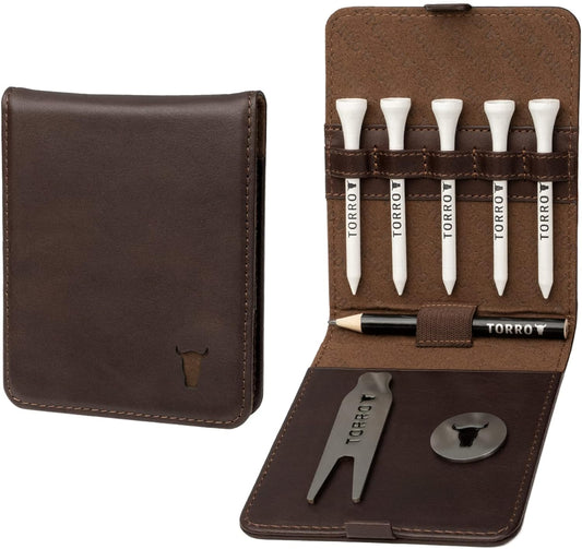TORRO Golf Accessory Set – Genuine Leather Golf Accessories Wallet, Including Brushed Metal Divot Repair Tool & Ball Marker, 5 x 70mm Bamboo Golf Tees and Pencil