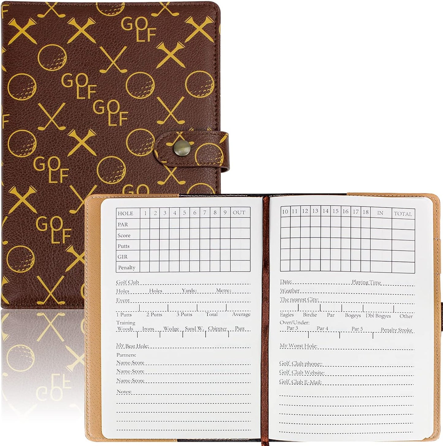 Crestgolf Leather Golf Scorecard Holder with Templated 200 Pages, Golf Log Book, Golf Scorecard Yardage Book Golf Gifts for Men&Women, Golf Score Book Golf Bag Accessories（Brown）