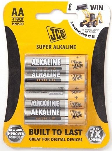 Pack of 4 JCB AA Super Alkaline 1.5 Volt Batteries for Toys and More