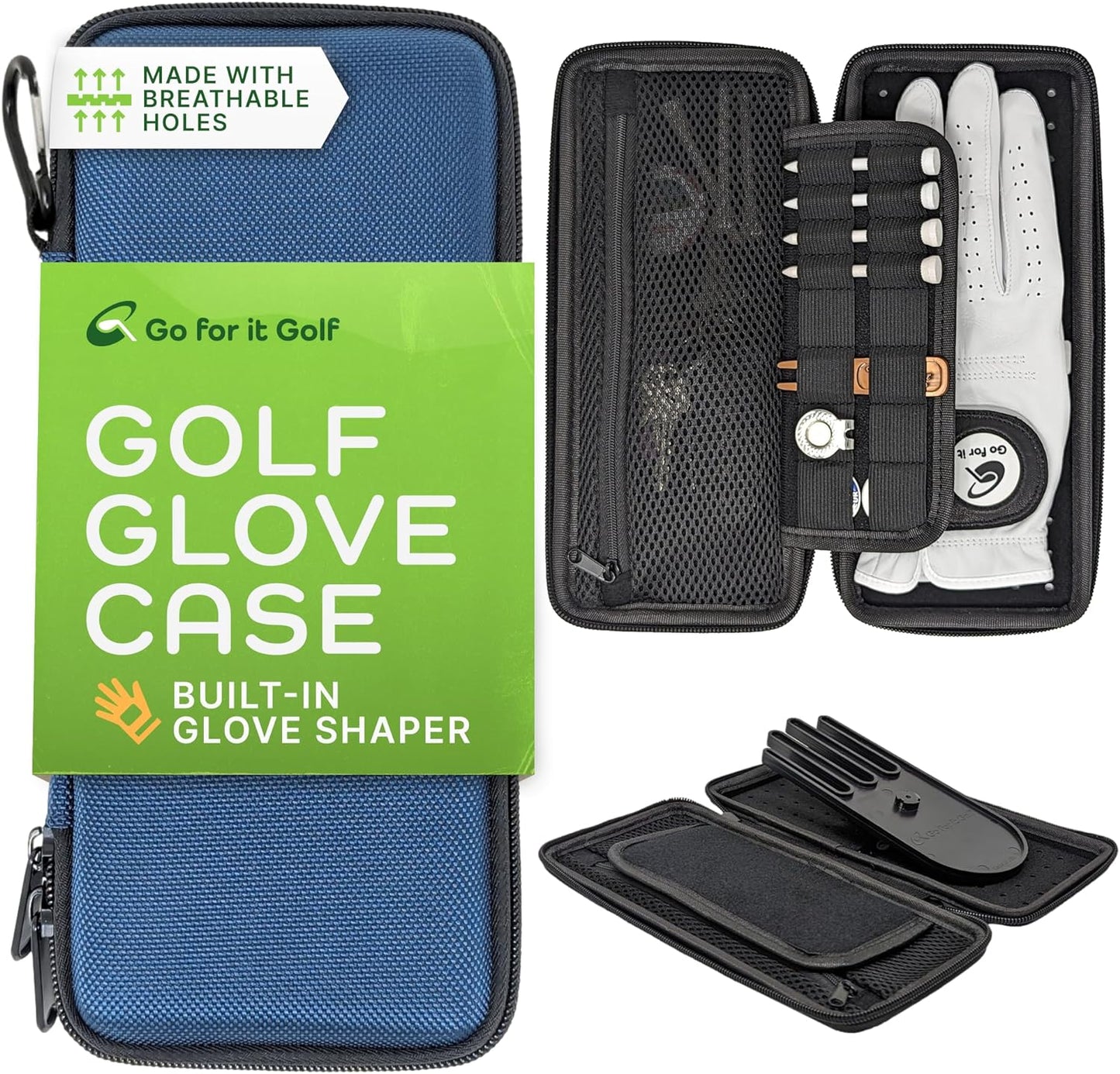 Glove Case with Magnetic Glove Shaper - Golf Case with Magnetic Glove Holder - Organizer for Golf Divot Tool and Golf Accessories for Men & Women - Key Holder (Navy)
