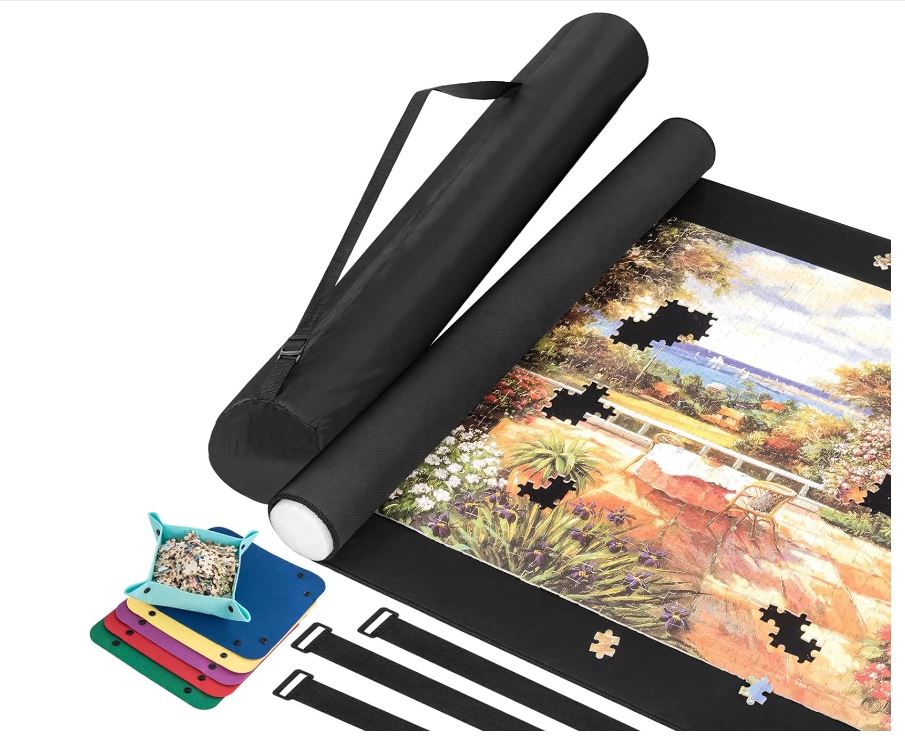 Jigsaw Puzzle Mat Roll Up, Jigsaw Puzzle Rubber Mat With Guiding Lines, Saver Pad 46” x 32” Portable Up to 2000 Pieces with Non-Slip Rubber Bottom and Smooth Polyester Top + Storage Bag, Colorful Tray