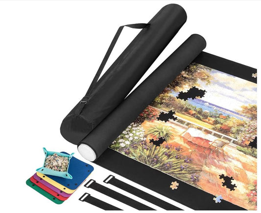 Jigsaw Puzzle Mat Roll Up, Jigsaw Puzzle Rubber Mat With Guiding Lines, Saver Pad 46” x 32” Portable Up to 2000 Pieces with Non-Slip Rubber Bottom and Smooth Polyester Top + Storage Bag, Colorful Tray