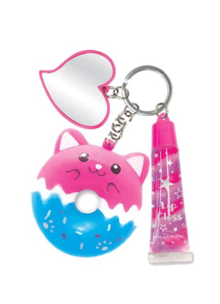 Hot Focus Cutie Squishy Scented Cat Donut Swirl Scented Lip Gloss Pink Heart Mirror Keychain